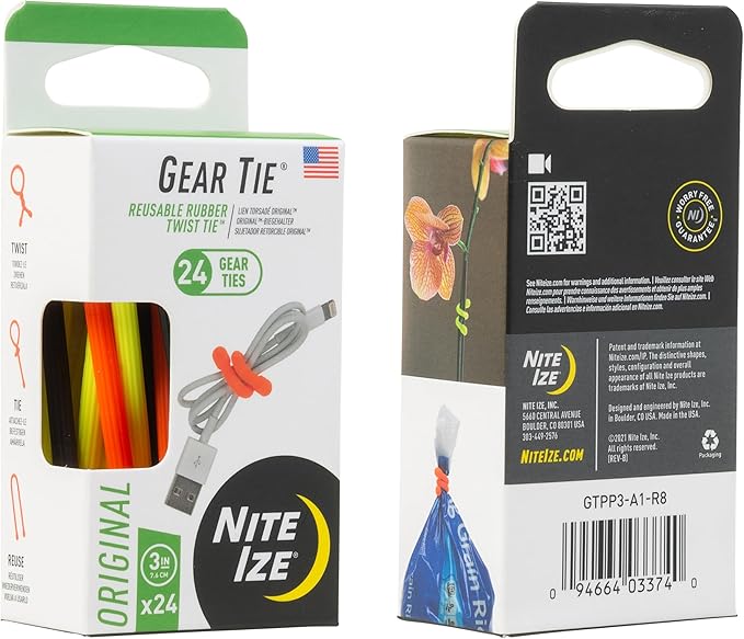 Nite Ize Original Gear Tie - 3-Inch Reusable Rubber Twist Tie - Reusable Gear Ties - Electric Cord Organizers - Twist Ties for Cords - Reusable Zip Ties - Assorted Colors, 3-Inch, 24 Pack