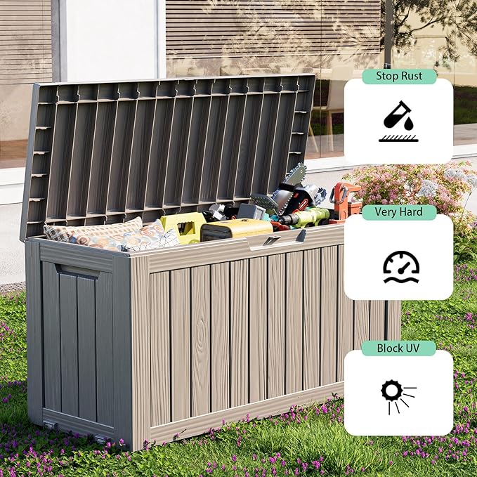 ROJIK 90 Gallon Waterproof Outdoor Deck Storage Box, Lockable Resin Patio Storage Bin with Lid for Garden Tools, Patio Cushions & Outdoor Accessories(Grey)