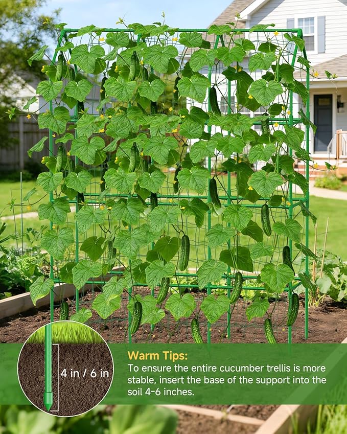 Cucumber Trellis for Climbing Plants Outdoor, A-Shape Garden Trellis for Raised Bed, Metal Plant Trellis with Garden Netting for Flower Vegetables, Pea, Grape (50 * 17 * 65inch(L*W*H)