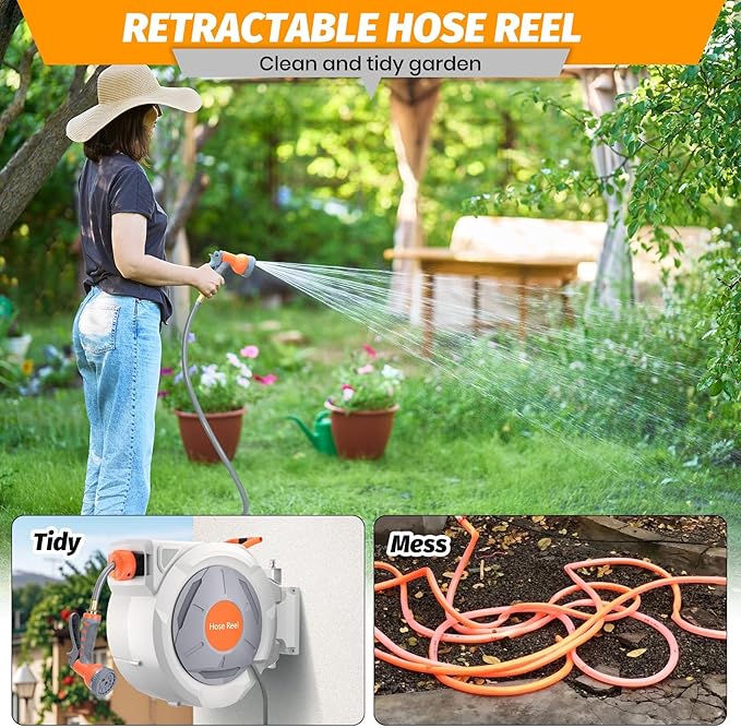Retractable Garden Hose Reel, 5/8 in x 65 ft Wall Mounted Water Hose Reel with 9 Function Sprayer Nozzle, Any-Length Lock, Automatic Slow Rewind System, 180° Swivel Bracket for Yard, Garden, Outdoor