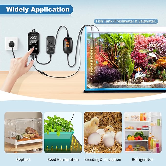 HiTauing Digital Temperature Controller, Aquarium Heater Reptile Thermostat Heating and Cooling Dual Outlet with Seawater-Resistant Probe for Fish Tanks, Reptile Tanks, Greenhouse & Seedling Mat