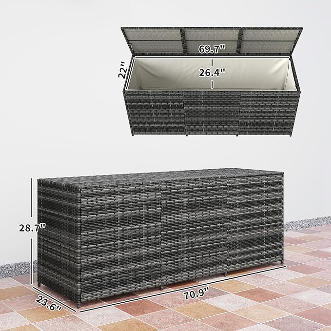 Outsunny 175 Gallon Outdoor Storage Box with Inner Liner, PE Rattan Wicker Deck Box with Pneumatic Bar Lift for Indoor & Outdoor, Patio Furniture Cushions, Pool Supplies, Garden Tools, Mixed Gray