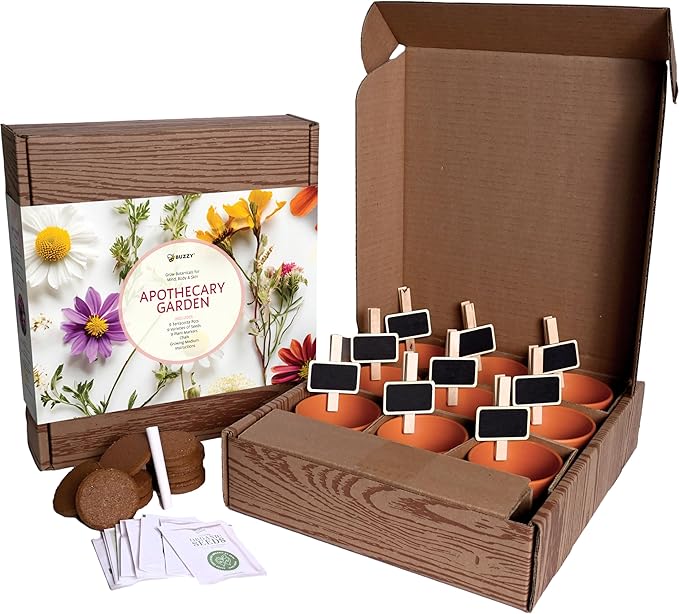 BUZZY Seeds Apothecary Garden Wellness Kit with 9 Varieties of Non-GMO Flower and Herb Seeds, Terracotta Pots, Growing Medium, and Plant Markers, a Self-Care Gift for Holistic Living