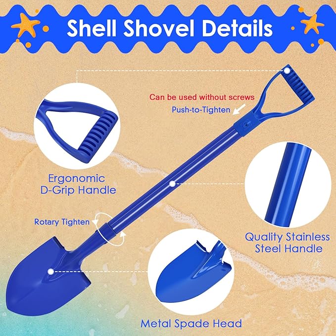 2 Pack Metal Beach Sand Shovels for Kids, 27 Inch Heavy Duty Small Shovels for Digging, Camping, Gardening, Planting, Mini Spade with D-Grip Handle, Blue