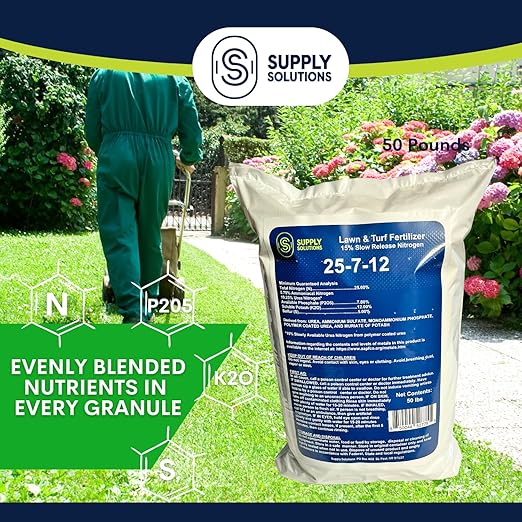 Supply Solutions 25-7-12 Lawn and Turf Fertilizer - 15% Slow Release Nitrogen Lawn Fertilizer for All Grass Types, Shrubs - Turf Builder Plant Food Covers 12,500 sq.ft (50lbs)