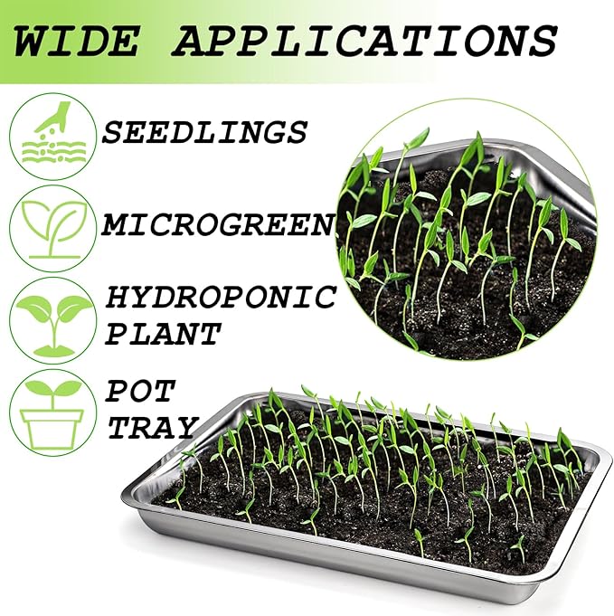 Youeon 10 Pack Seed Starter Tray 15.3x11.4x1.3 Inch, Stainless Steel Seed Sprouting Trays Germination Trays for Beans, Wheat Grass, Herbs, Broccoli & More, Plant Trays for Indoor Outdoor