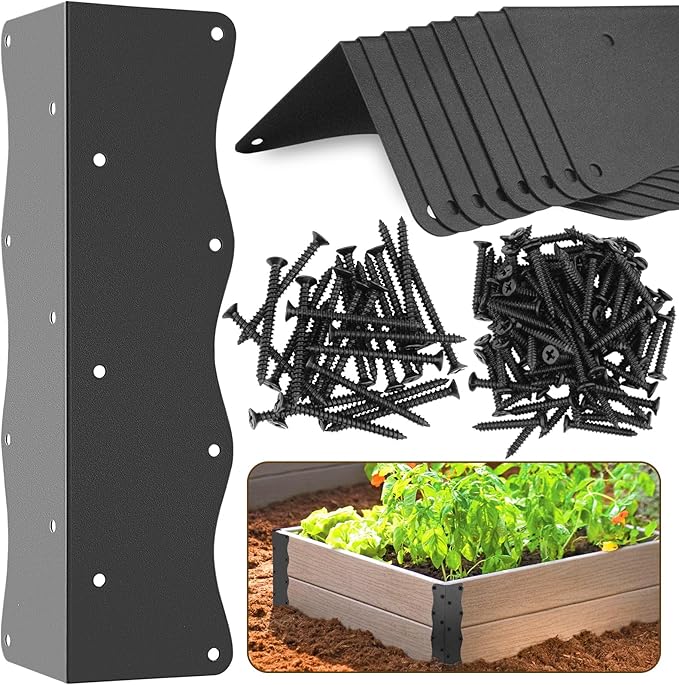 8-Pack Heavy-Duty Metal Corner Brackets for Raised Garden Beds (11"x3"x3") - L-Shaped Reinforced Connectors with Short/Long Screws, Fits 20"-24" Bed Edges & Wooden Shelves/Cabinets