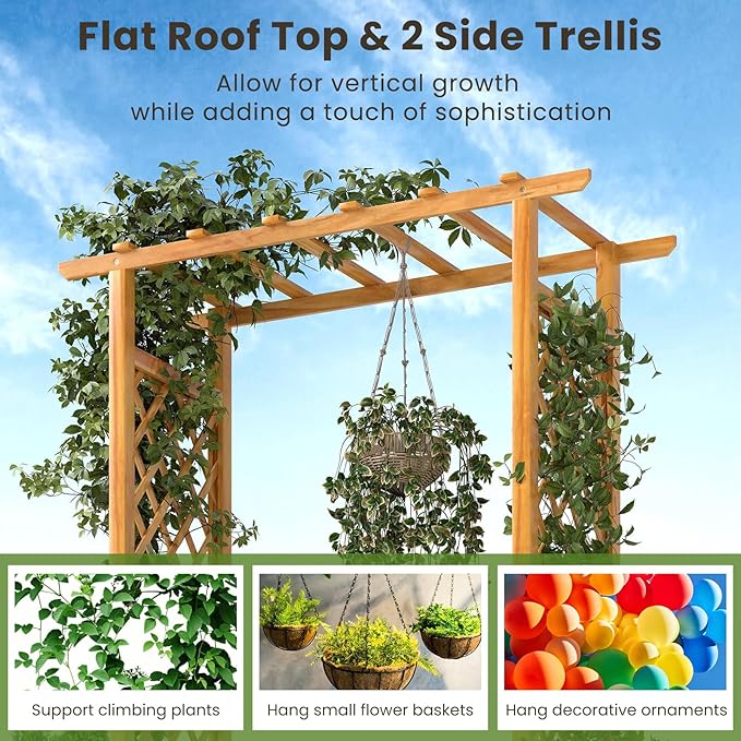 Happygrill 70” Raised Garden Bed with Trellis, Wood Planter Box w/Hanging Roof, 2 Side Trellises, Open-ended Base for Flower, Vegetable, Vine Climbing Plant, Vertical Plant Container for Garden, Patio
