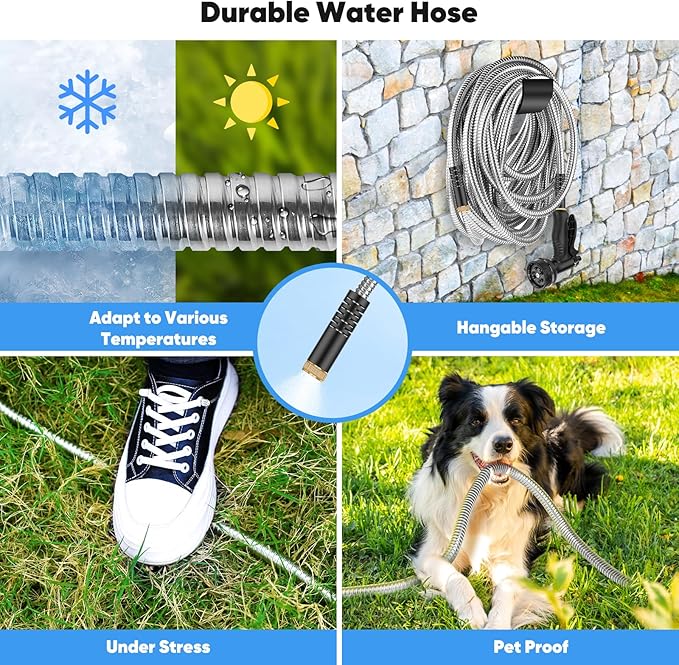 Garden Hose 100 FT, Metal Stainless Steel Water Hose with 10 Function Nozzles, No Kinks, Flexible Hose, Lightweight, Puncture Proof, Heavy Duty Hose for Yard and Outdoor, Silver