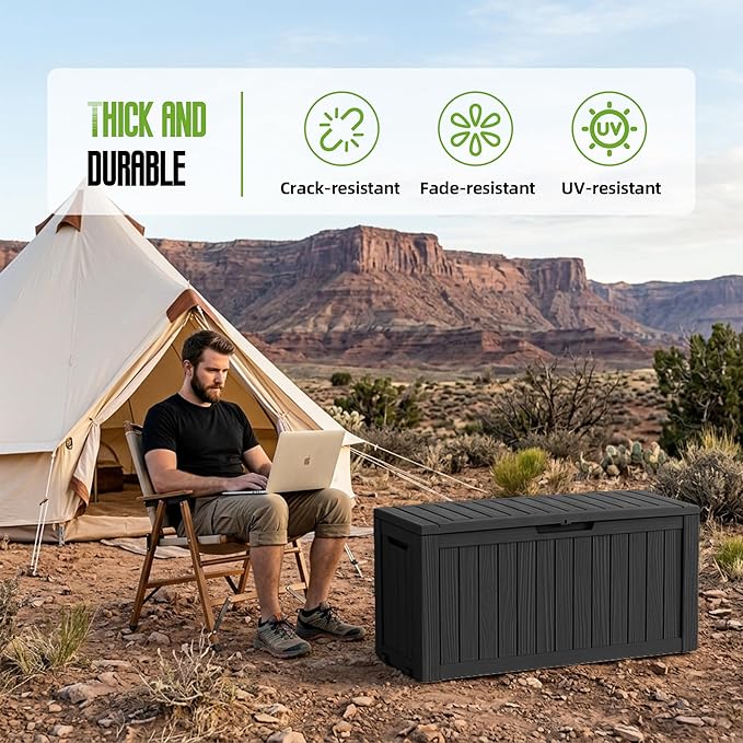 85 Gallon Outdoor Storage Deck Box Waterproof Resin Lockable Outside Bench Porch Patio Furniture Pool Float Garden Tool Cushion UV Resistant Bin Black