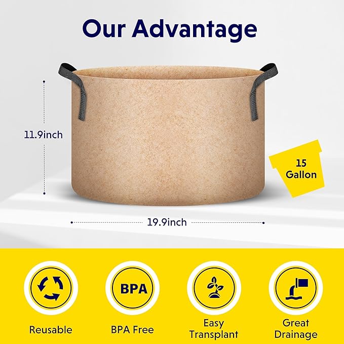 iPower 5-Pack 15 Gallon Plant Grow Bags Thickened Nonwoven Aeration Fabric Pots Heavy Duty Durable Container, Strap Handles for Garden, Tan New