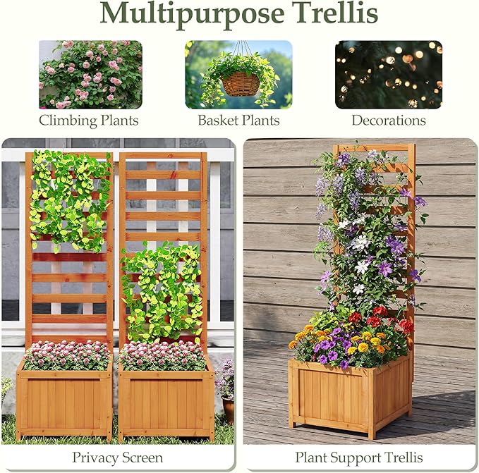 HAPPYGRILL Raised Garden Bed with Trellis, 48" Wood Elevated Planter Box w/Drainage Holes & Gaps for Climbing Plants Vines Flowers, Indoor Outdoor Privacy Fence Planter Raised Bed for Patio Yard (1)