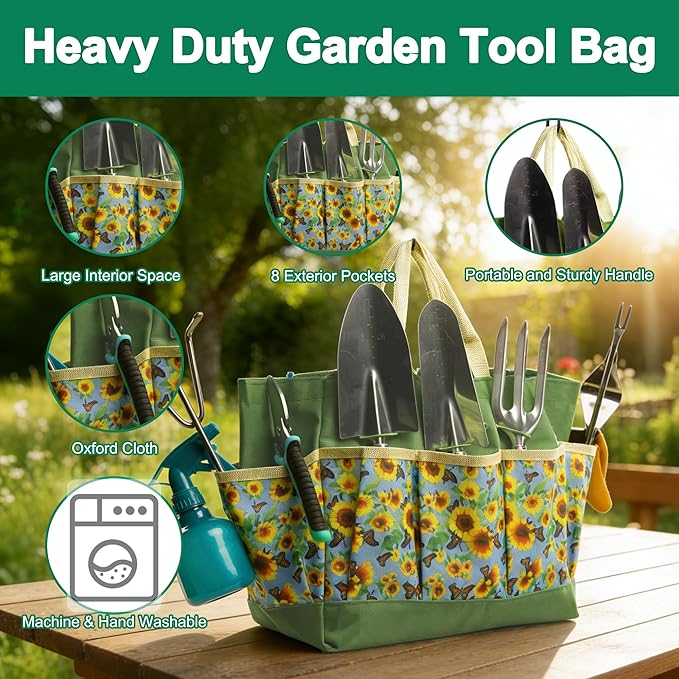 Garden Tool Set, 9 Pcs Heavy Duty Stainless Steel Gardening Hand Tool, Green Garden Tool Bag Kit w/Yellow Flower, Gardening Supplies Gifts for Women Men Mom Dad Gardener Beginner