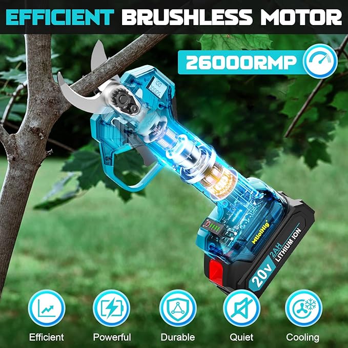 Electric Pruning Shears, 0.8-2 Inch Cutting Diameter Brushless Electric Pruner with 2 x 2.0Ah Rechargeable Batteries, Cordless Electric Scissors - with LCD Display for Tree Branch