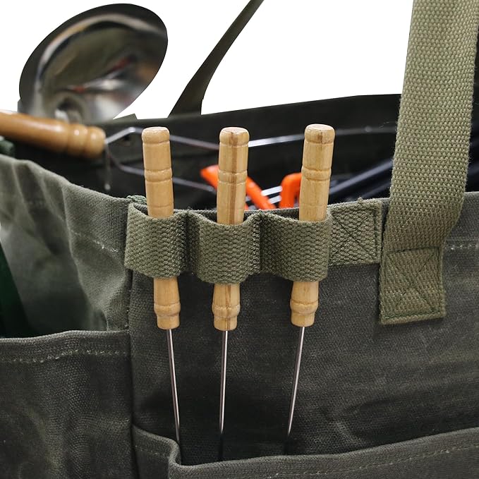 Portable Garden Camping Tool Storage Bag,Waxed Canvas Firewood Carrier Tote bag,Collapsible Sturdy Garden Basket Great for Women, Gardener, Electrician, Repairer(Army Green)