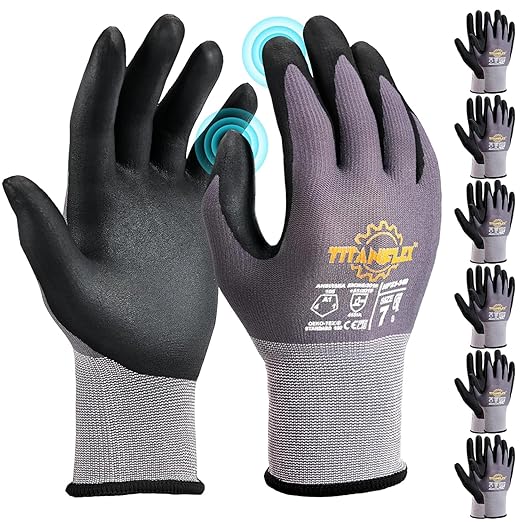 TitanFlex Work Gloves Microfoam Nitrile Coated Men Women-6 Pairs, Safety Warehouse Gloves Mens Working Glove with Grip Heavy Duty, Touchscreen, Seamless Knit Nylon for Automotive, Garden (Small)