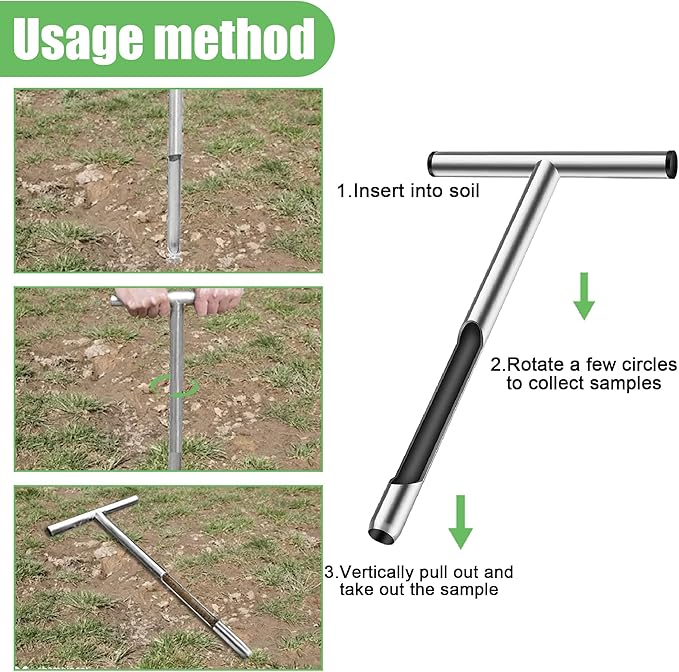 12 Inch Stainless Steel Soil Probe Rod with T Handle, Includes Soil Sample Kit, for Plant Care Lawn Garden Farm