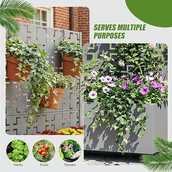 Casaphoria Metal Raised Garden Bed with Trellis and Wheels, 47"x47"x16" Planter Box for Climbing Plants, Vegetables & Vines, Features Drainage Holes and Privacy Screen, Grey-Square