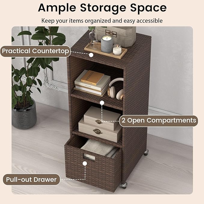 RELAX4LIFE Wicker Outdoor Storage Cabinet - Rattan Pool Towel Rack on Wheels w/Shelves and Drawer, Tall Patio Furniture Outside Caddy Organizer for Porch Deck, Garden Tool & Hot Tub Accessory Storage