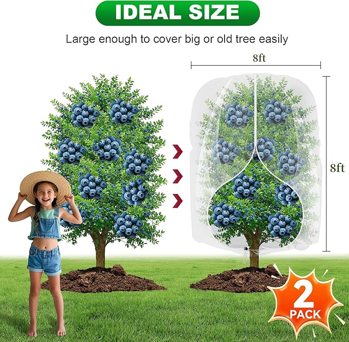 2 Pack Large Fruit Trees Netting 8ftx8ft with Zipper&Drawstring Garden Birds Net Mesh Insect Netting Plant Covers Protection Bags for Blueberry Bushes Shrubs Vegetables Flowers Herbs