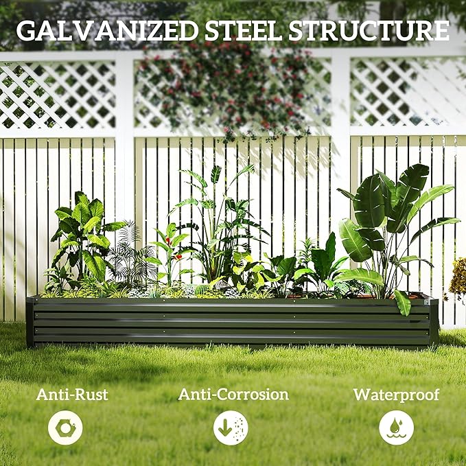 Outsunny 8 x 2 x 1ft Galvanized Raised Garden Bed Kit, Outdoor Metal Elevated Planter Box with Safety Edging, Large Raised Bed for Growing Flowers, Herbs and Vegetables, Dark Gray
