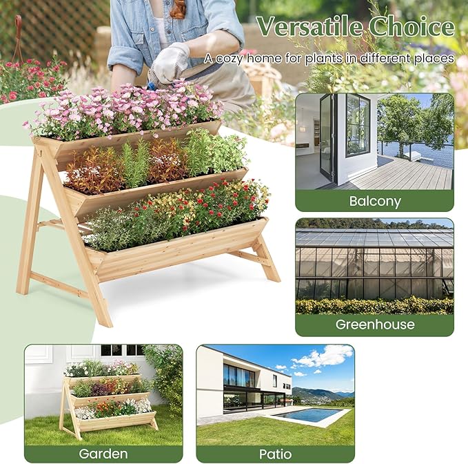 3-Tier Raised Garden Bed, Vertical Garden Planter w/Storage Shelf, Bed Liner & 2 Side Hooks, Wood Elevated Planter Box Outdoor for Plants Vegetables Flowers Herbs,Natural