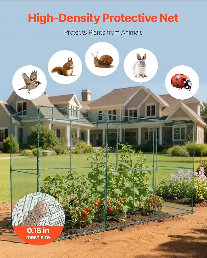 VEVOR Crop Cage, 11.6 x 3.9 x 6.3 ft Plant Protection Tent with Zippered Door, Wind-Resistant Tall Crop Cage, Easy to Install, Outdoor Raised Bed Cover, Tomato Plant Netting for Garden Patio Lawn