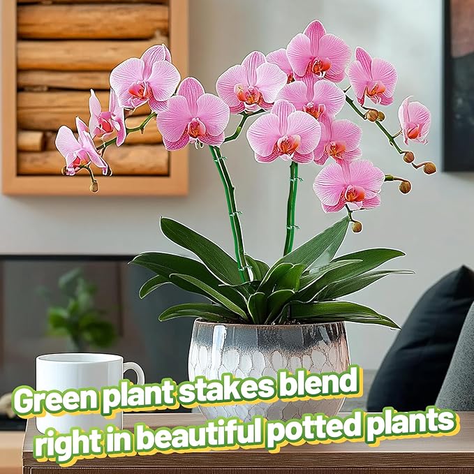 32ft Bendable & Cuttable Plant Stakes, Green Orchid Flower Stem Support Sticks with 800 Ties for Monsteras Money Trees Indoor Potted Plants Beans
