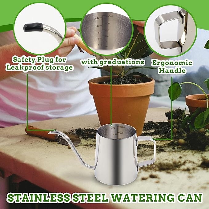 Small Watering Can for Indoor Plants, 12 OZ Mini Flower Watering Pots with Long Spout and Handle, Stainless Steel Water Can for Outdoor Garden House Office (Silver)