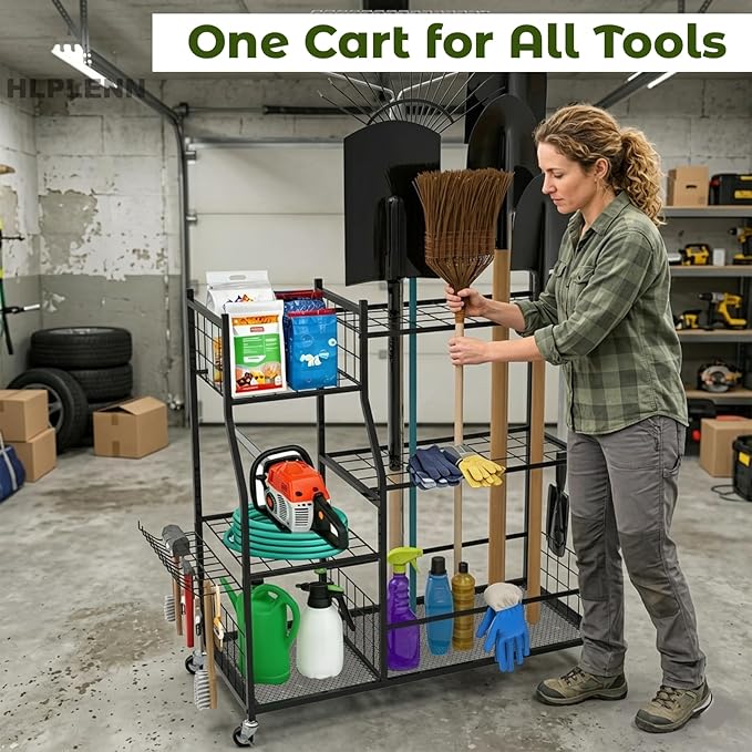 Garden Tool Organizer, Garden Tool Organizer Stand with Lockable Wheels, Metal Yard Tool Storage Rack for Long Handled Tools, Shovels & Rakes, Rustproof Tool Holder for Shed or Basement