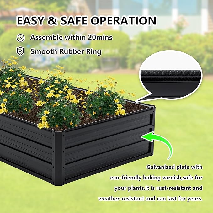Galvanized Raised Garden Bed 6x3x1ft Outdoor Planter Box Galvanized Steel Garden Bed Kit for Vegetables, Flowers, Herbs and Succulents Black