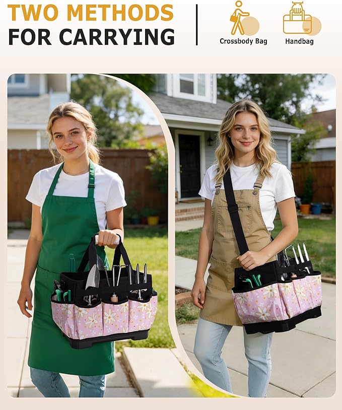 Garden Tool Bag with Hard Bottom, Garden Tote with Shoulder Strap and Multiple Pockets (No Accessories Included), Pink Sunflower