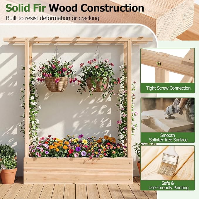 HAPPYGRILL Raised Garden Bed with Trellis & Hanging Roof, 45" Tall Wooden Planter Box with Drainage Holes, Outdoor Wood Elevated Garden Bed for Climbing Plants Vines Vegetables Flowers (Natural,1)
