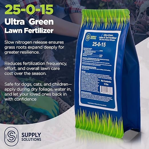 Supply Solutions 25-0-15 Ultra Green Lawn and Turf Fertilizer - 16% Slow Release Nitrogen - Promotes Lush, Green Lawns and Strong Root Growth, Reduces Mowing Frequency (10 Pounds)