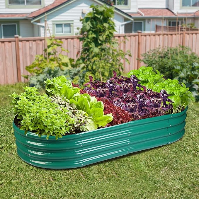 Raised Garden Bed GRS Certified Galvanized Planter Box Outdoor, 6.5ft Oval Rot-Resistant Metal Garden Bed Planter, Recycled Eco-Friendly Material Planter for Vegetables Flowers Herbs (Green)