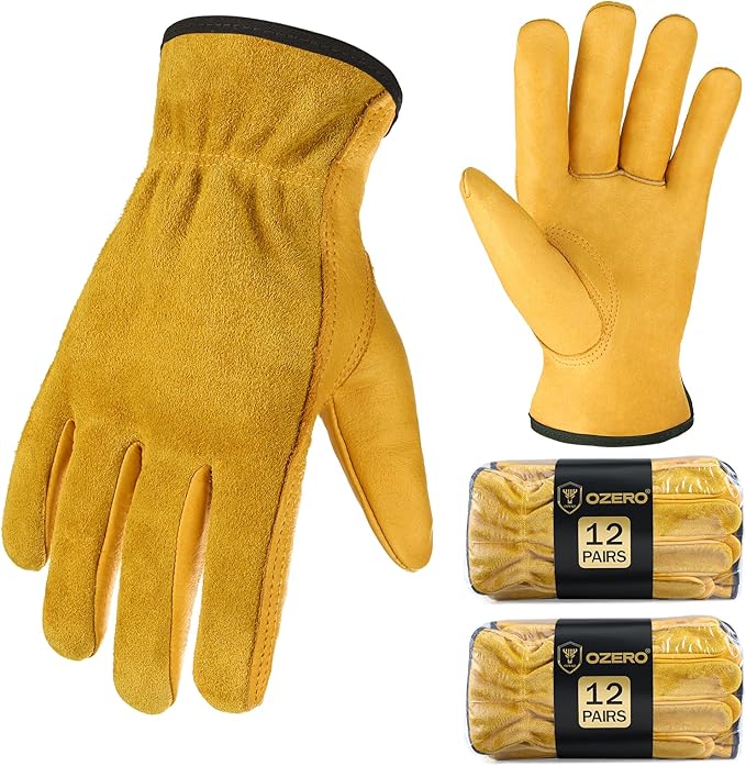 OZERO 24 Pairs Bulk Leather Work Gloves Flex Grip Tough Cowhide Gardening Glove for Men and Women (Gold, 24 Pairs, X-Large)