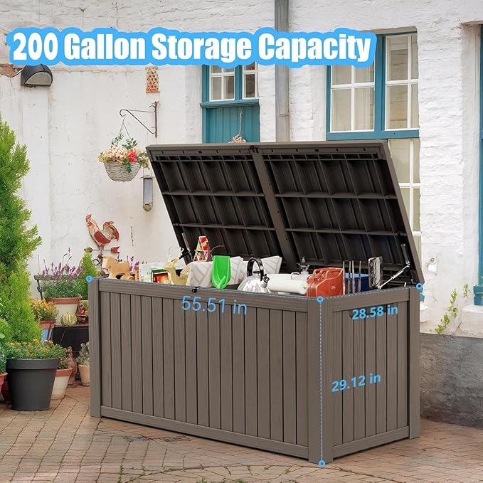 Vixzen 200 Gallon Resin Deck Box, Lockable Outdoor Storage Box for Patio Cushions Storage Furniture,Garden Tools, Pool Supplies, Weatherproof and UV Resistant（Grey，200 Gallon）