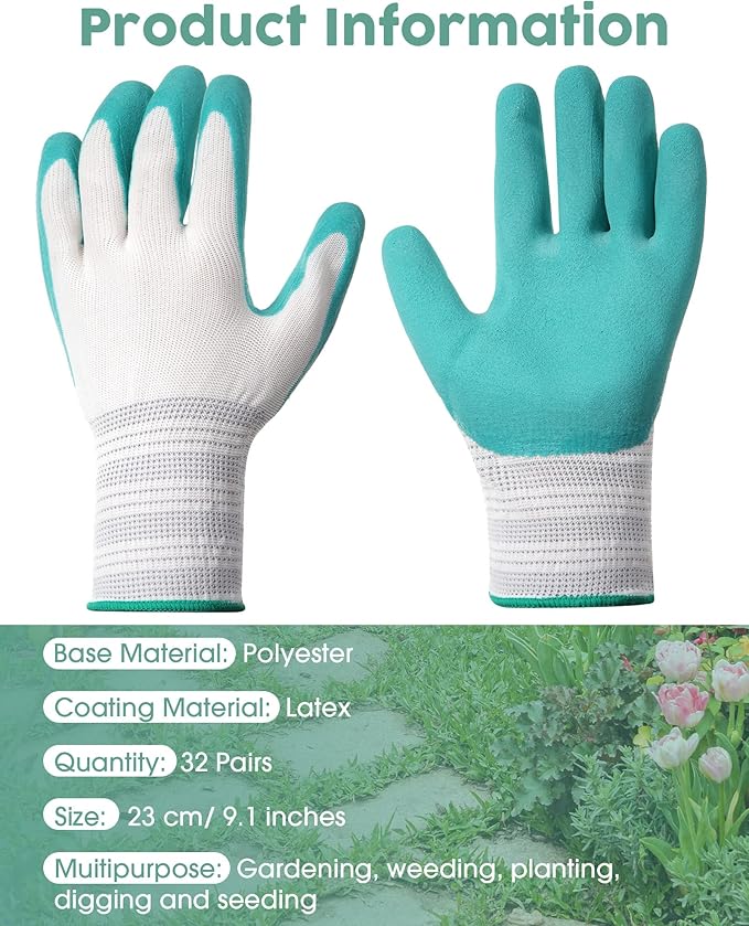 32 Pairs Garden Gloves for Women Ladies' Gardening Gloves Bulk Breathable Rubber Coated for Yard Garden Protective Work Tools Universal One Size Outdoor Indoor Protective Work with Grip