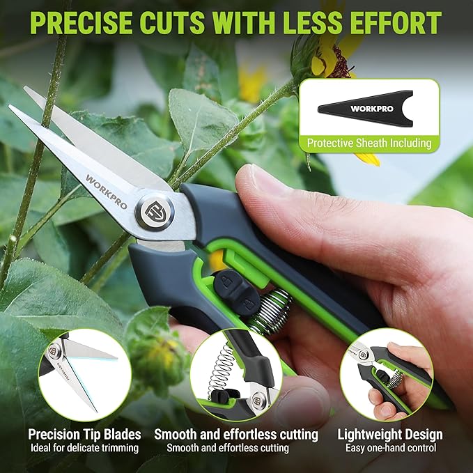 WORKPRO Garden Pruning Shears 2 Pack, 8.5" Bypass Pruning Shears and 6.25" Straight Garden Flower cissors, Garden Clippers Hand Tools for Cutting Flowers, Trimming Plants, Picking Fruits