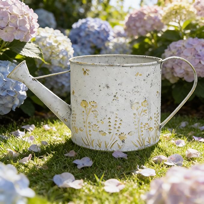 Vintage Metal Watering Can with Floral Embossed Design Garden Distressed White Decorative Watering Pot Planter Rustic Farmhouse Waterer for Home Indoor Outdoor Garden Balcony Courtyard (White#2)