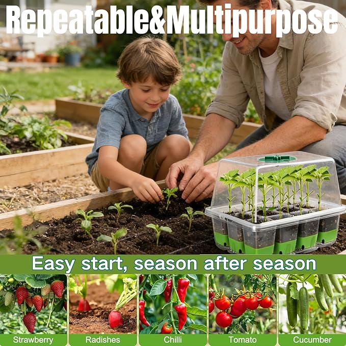 Reusable 60Cell Seed Starter Trays With Humidity Dome & Lids - 60 Cells, Flexible Pop-Out Design, BPA-Free Silicone Seedling Kit for Indoor Gardening, Greenhouse Planting, Dishwasher Safe
