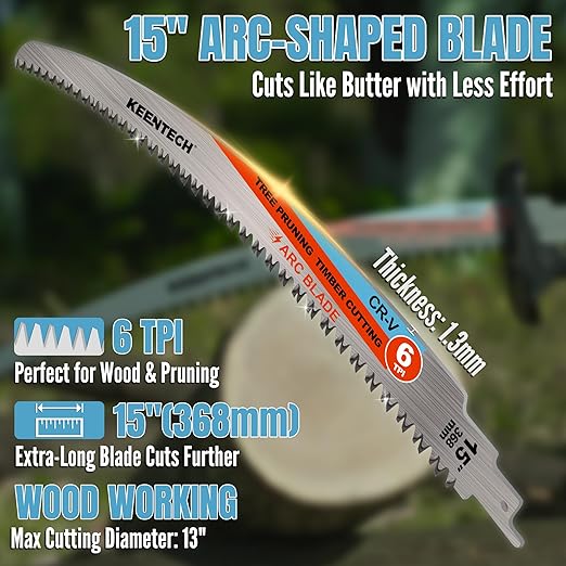 KEENTECH 15 Inch Arc-Shaped Reciprocating Saw Blades for Wood Cutting & Tree Pruning, Cr-V Steel, 6 TPI Triple-Ground Japanese Teeth for Ultra-Fast Wood Cutting, Fits Most Reciprocating Saws, 3-Pack
