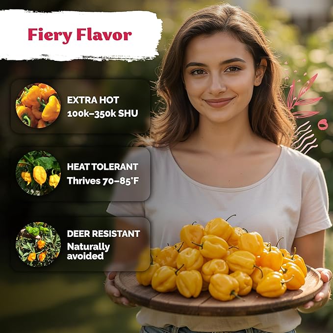 KVITER 100 Yellow Hot Jamaican Habanero Pepper Seeds (Capsicum Chinense) - Mushroom Chile Pepper, Relatively Mild Flavor, Non GMO Seed - Vegetable Seeds in Seed Packets for Outdoor Garden, Conteiners