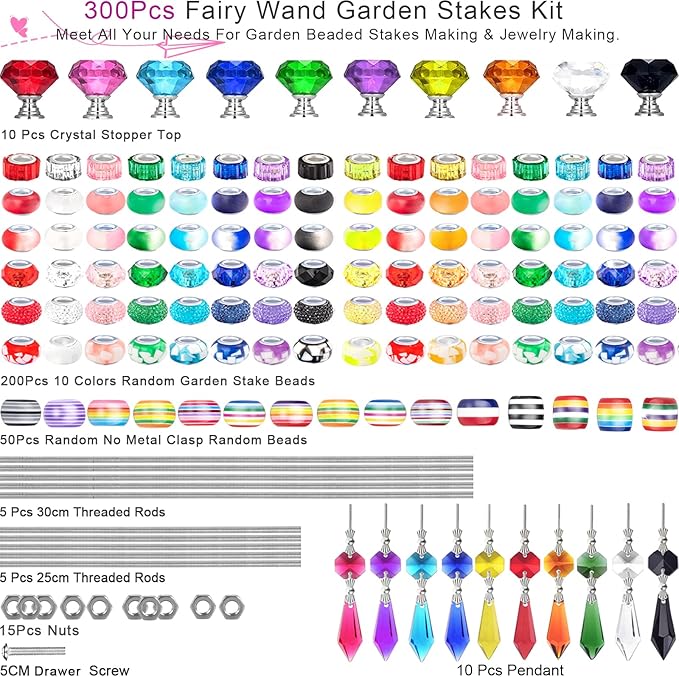300 Pcs DIY Fairy Wand Beaded Garden Stakes Kit, Fairy Wands Garden Kit Colorful Large Hole Bead with Pendants Crystal Stopper Top Threaded Rod Beaded Garden Stakes Supplies for Outdoor Decorative