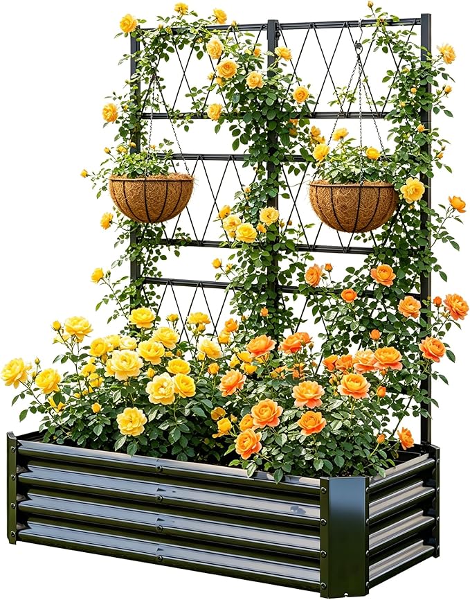 Galvanized Raised Garden Bed with Trellis for Climbing Plants Outdoor,Metal Vertical Garden Planter Box with Trellis,Heavy Duty Elevated Garden Bed for Vegetables Tomatoes Cucumbers Flowers Herb,Black