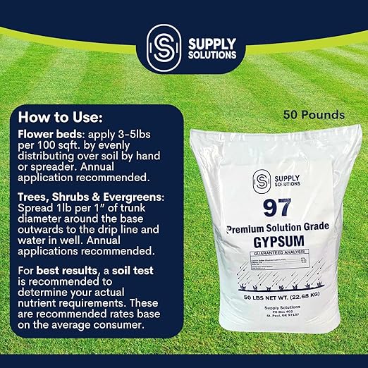 Supply Solutions Premium 97 Solution Grade Gypsum - Fast Acting Gypsum for Soil - Organic Calcium Sulfate Dihydrate - Gypsum Powder for Root Growth, Lawns, Mushroom Cultivation (50lbs)