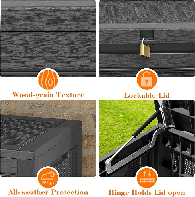 KAMABOKO 101 Gallon Waterproof Large Resin Deck Box, Lockable Large Outdoor Storage Boxes Indoor Outdoor Storage Container for Patio Cushions, Gardening Tools, Pool Supplies, Black