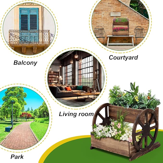 Wooden Wagon Planter Box Decorative Wooden Cart Rustic Flower Pot Garden Wagon Decor with Wheels for Indoor Outdoor Patio Garden Balcony Backyard Decoration (1 Pcs,Unmovable Carriage Style)