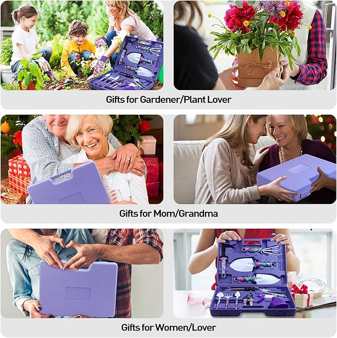 APSARAS USA Gardening Tools, 10 Pieces Gardening Tool Set with Purple Floral Print,Ergonomic Handle Trowel Rake Weeder Pruner Shears Sprayer with Carrying Case Garden Tool Set Gifts for Women