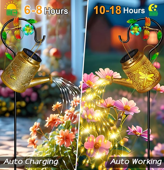 Solar Lanterns Dragonfly Outdoor Garden Decor, Mothers Day Gifts for Women Mom Grandma Birthday, Large Frog Hanging Watering Can with Shepherd Hook, Waterproof Garden Lights for Outdoor Yard